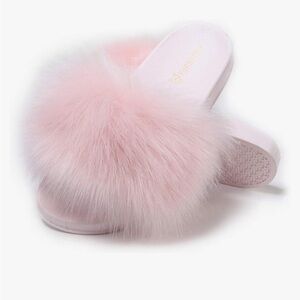 Fuzzy pink faux fur slippers